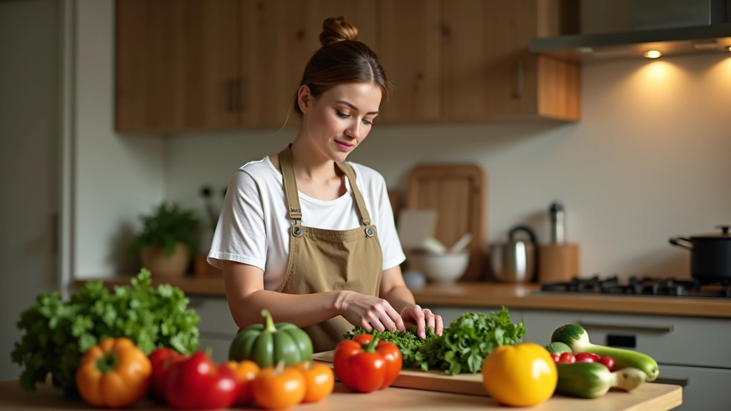 Adult woman in modern kitchen preparing healthy meals with fresh vegetables and ingredients, wellness routine preparation