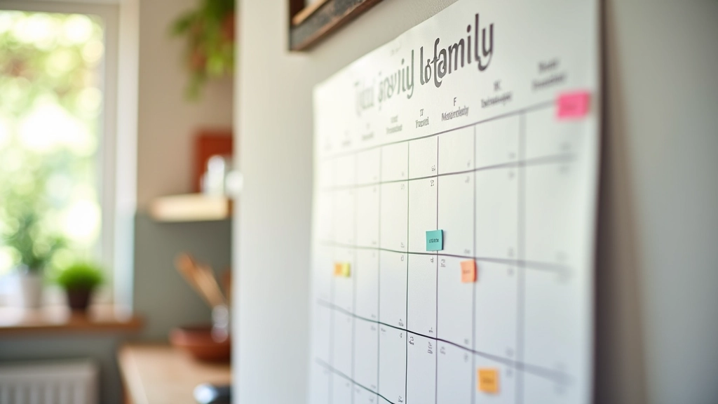 Family planning calendar displayed on wall showing scheduled activities, meal prep dates, and wellness checkpoints marked together