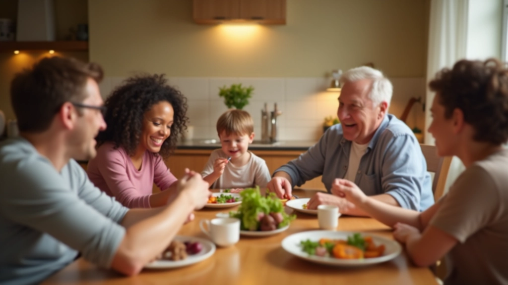 Family gathered around kitchen table having a meal together