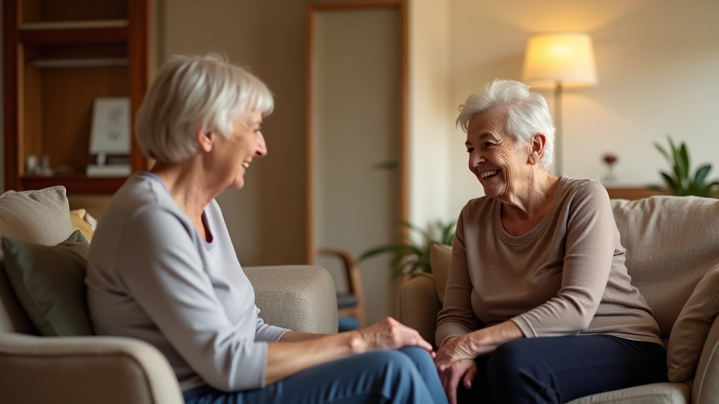 Multi-generational family having conversation together, older adult with adult children in comfortable home setting