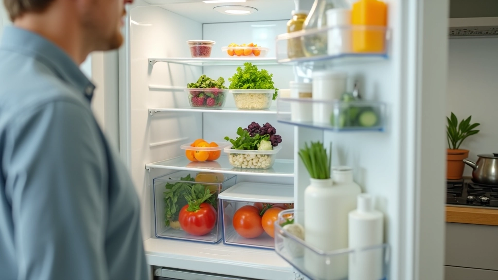Organized refrigerator and pantry shelves displaying prepared meals in containers, fresh produce, whole grains and proteins arranged for weekly meal planning