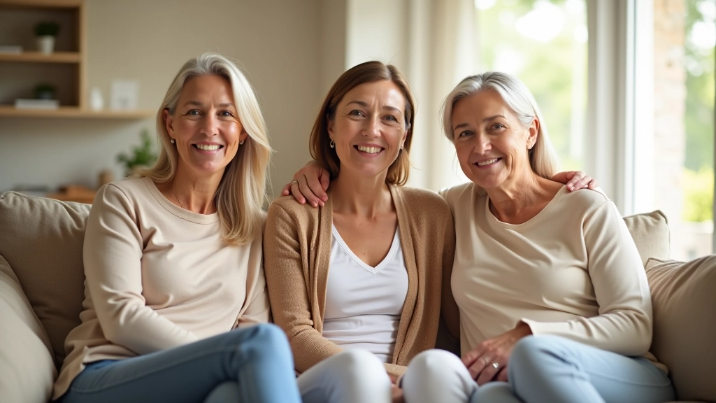 Three generations of women sitting together in modern living room, relaxed conversation with warm natural lighting