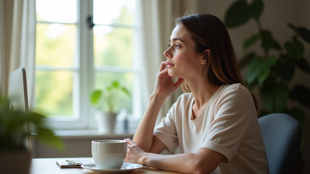 Woman in home office looking out window, peaceful expression, taking break from work with coffee