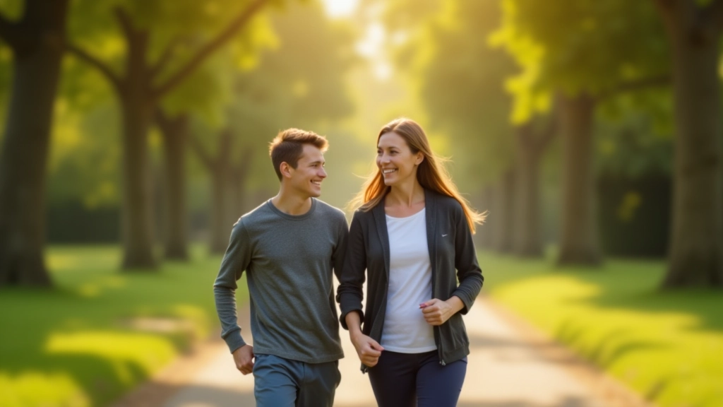 Adult and child walking together on tree-lined path during morning hours with natural light filtering through foliage, both smiling and engaged