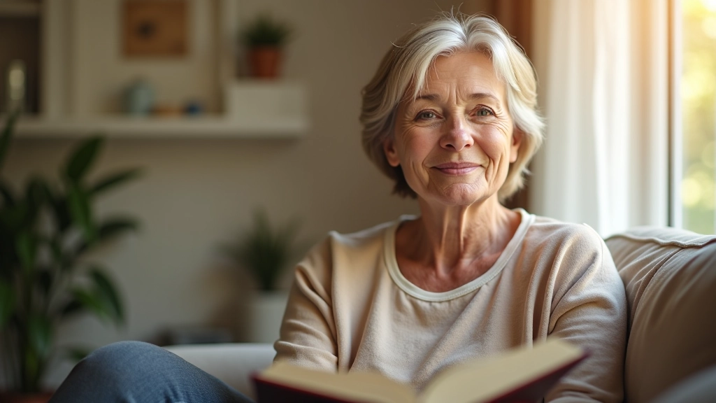 Woman sitting peacefully by window in natural light reading a book in comfortable home setting with warm atmosphere